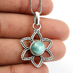 Solid 925 Sterling Silver Natural Larimar Gemstone Pendant With Round Cut Design Handmade Bohemian Jewelry At Lowest Price - Product Image 4