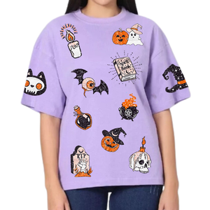 Venta caliente cuello redondo Camiseta para mujer Halloween Scary Pumpkins tema personalizado lentejuelas trabajo hecho a mano transpirable-disponible - Product Image 3