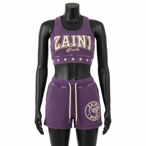 Ensemble shorty femme en coton polyester French Terry violet avec logo sérigraphié en relief et empiècement étoile contrastant - Product Image 6