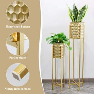 Set of 2 Metal <b>Planters</b> with <b>Gold</b> Powder Coated Stand Different Sizes Round Shape Metal Flower <b>Planters</b> for Home Garden Decor - Product Image 2