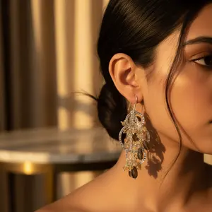 Boucles d'oreilles pendantes en quartz et perles plaquées or pour les mariages et les fêtes des femmes - Product Image 1