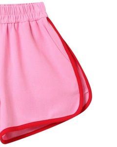 Shorts de course pour femmes roses avec bordure rouge, style élégant, contraste de couleur, vêtements de sport, tissu doux, taille élastique, décontracté, fitness, short d'été - Product Image 3