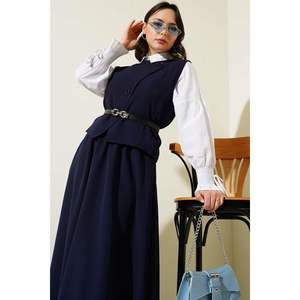 Ensemble 2 pièces bleu marine avec veste boutonnée et ceinture - Product Image 3