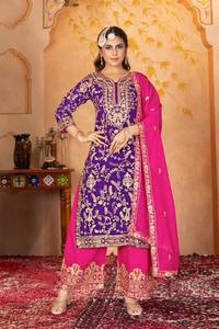 Palazzo élégant violet haut brodé paillettes faux tissu Bollywood Style Salwar Kameez pour Festival célébration fête indienne - Product Image 3