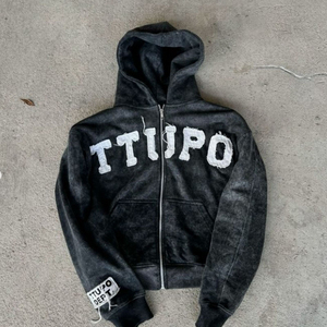 Sweat à capuche avec broderie applique personnalisée en détresse Sweats à capuche zippés en strass Lavage vintage à l'acide Sweat à capuche streetwear pour hommes - Product Image 3