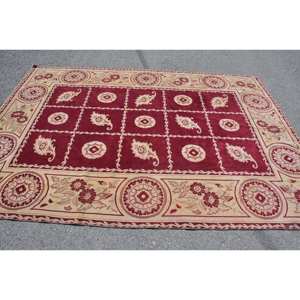 Vintage <b>Turkish</b> <b>Rug</b> Large Area 6.5 X 8.9 ft Classic Red Beige Abstract Pattern Wool Material 10mm Latex for Hallway Room Decor - Product Image 3