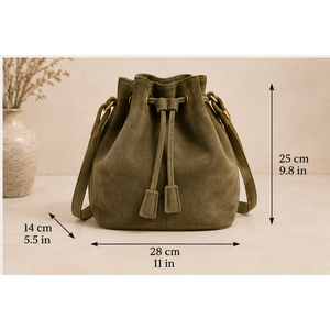 Modern Waterproof Olive Green Genuine Cow <b>Suede</b> Leather <b>Bucket</b> <b>Bag</b> for Women-Drawstring Closure with Custom Logo - Product Image 4