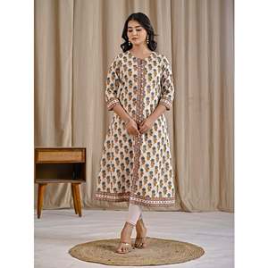 Sea Green Butti Block Printed Cotton Aline Kurti Casual Day-to-Day Office Lady Wear Floor-Length Diamond Breathable Natural - Product Image 4