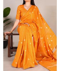 Vêtements ethniques indiens Viscose Chanderi Matériel Fantaisie Saree Paillettes avec ligne Zari et Gota Patti Dentelle Bordure Saree avec Blouse - Product Image 1