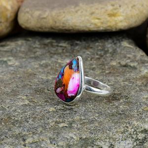Bague bohème chrétienne vintage en argent sterling 925 massif avec turquoise naturelle Kingman rose épineuse, taille poire 9x12mm, sertie clos - Product Image 2