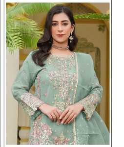 Ensemble Shalwar Kameez en organza lourd avec fond de patch Santoon brodé Khatli élégant et Dupatta brodé gracieux-pour les fêtes - Product Image 1