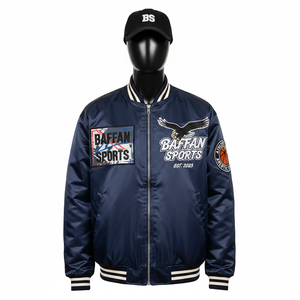 Chaqueta de Satén de Alta Calidad, Satén de Poliéster Suave y Brillante, Azul Marino Clásico, Corte Bomber, Chaqueta con Bordado de Logotipo Personalizado para Hombre - Product Image 1