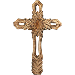 Croix en bois blanchi à la chaux de haute qualité avec Design Floral sculpté à la main pour la décoration murale Style Vintage Art religieux à la maison - Product Image 4