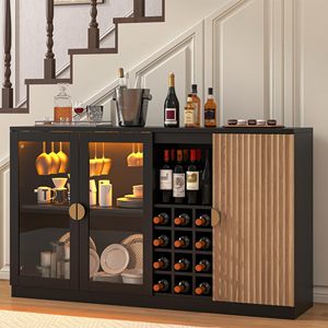 Buffet moderne noir en gros avec éclairage LED, portes en bois cannelé, casier à vin, et station de bar à café - Product Image 6