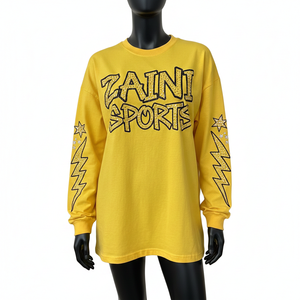 Camiseta de manga larga de algodón jersey premium, color amarillo mostaza, tacto suave, con transferencia térmica de diamantes de imitación, logotipo personalizado, camiseta de manga larga de algodón - Product Image 1