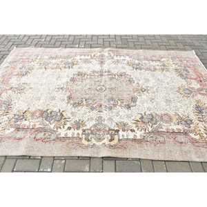 Tapis turc vintage en laine 5,8x9,2 pieds, gris, patchwork, design abstrait, avec support en latex écologique - Product Image 3