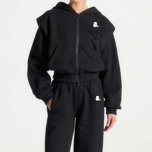 Ensemble de survêtements à fermeture éclair respirants 100% coton de couleur unie imprimée sur mesure femmes jogging à capuche sportif d'hiver lourd à l'avant - Product Image 1