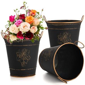 Vases à fleurs modernes faits à la main en métal galvanisé vintage Décoration de table de qualité pour adultes avec bande de cuivre Couleur noire Look royal - Product Image 1