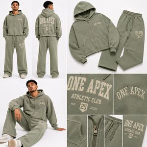 Ensemble de survêtement ONEAPEX SPORTS WEAR pour homme, vert sauge délavé, avec sweat à capuche zippé et pantalon de survêtement large en coton épais, style français - Product Image 4