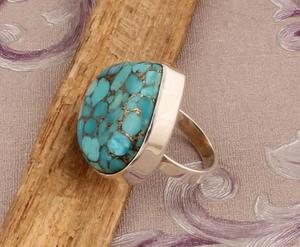 <b>Blue</b> Copper Turquoise Ring Classic Style Sterling Silver Bohemian Statement Ring for Women - Product Image 3