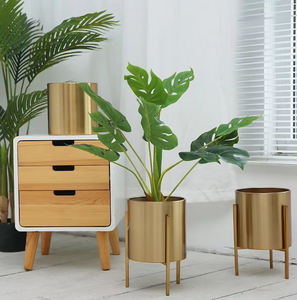 Antique Style Metal Planters Tall Round Tapered Indoor Outdoor <b>Plant</b> <b>Stands</b> Contemporary Gold Chrome Flower <b>Pots</b> Balcony Gardens - Product Image 2