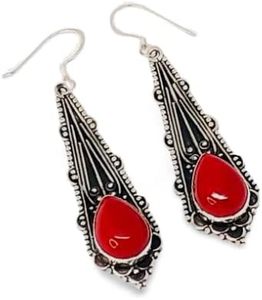 Pendientes de Mujer con Piedra Preciosa de Coral Natural, Piedra de Nacimiento Genuina, Joyería Hecha a Mano para Compromiso, Navidad, Pendientes de Plata de Ley 925 - Product Image 3