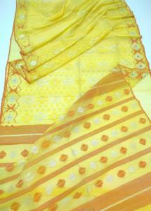 Exclusiva calidad de exportación amarillo Deshi Dhakai Jamdani Sharee para mujeres JAMDANI tela rojo verde dorado cielo azul de Bangladesh - Product Image 5