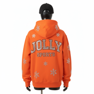 <b>Women</b> <b>Zipper</b> <b>Hoodie</b> GSM fleece orange color rhinestone snowflake design custom logo embroidery winter wear <b>zipper</b> basics hoodies - Product Image 2