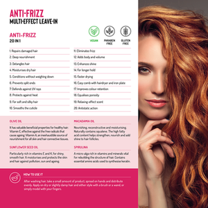 ANTI-FRIZZ 20en1 - Tratamiento sin enjuague multiefecto que repara el cabello dañado con aceite de oliva, espirulina, aceite de semillas de girasol, Hecho en Italia - Product Image 2