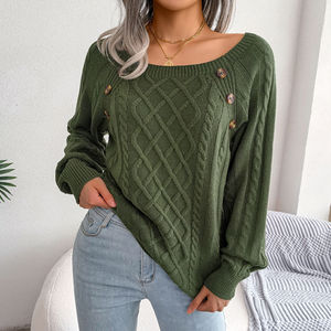 Pull en maille torsadée boutonné pour femme, automne-hiver, taille unique, coupe ample, col carré, respirant, longueur courte, à motifs - Product Image 3