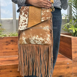 Bolso cruzado de cuero de vaca para mujer, bolso cruzado con flecos y puntada para botas, bolso de mano de cuero genuino, conjuntos combinados de cartera - Product Image 2