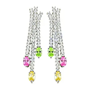 Luxury Women's Trendy <b>Silver</b> Earrings with Baguette Cut Diamonds and Colored Gemstones Tassel Design for Wedding - Product Image 3