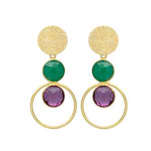 Pendiente de gota circular de piedras preciosas de amatista y ónix verde con cabeza redonda, pendiente de piedras preciosas, pendiente hecho a mano - Product Image 1