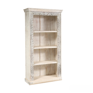 Handcrafted Solid Teak <b>Wood</b> White Distressed Coastal Tall Bookcase Cabinet 4 <b>Shelves</b> Storage Furniture for Living Room and Hotel - Product Image 5