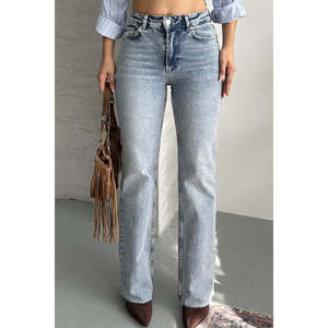 Jean en denim coupe droite à jambes courtes, élément de mode simple, lavable - Product Image 3