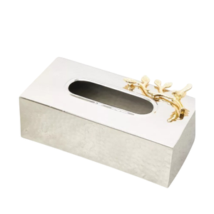 Boîte à mouchoirs écologique en métal argenté martelé de qualité supérieure Accent de fleur d'or Forme personnalisée Design moderne-Serviette accessoire de table - Product Image 4