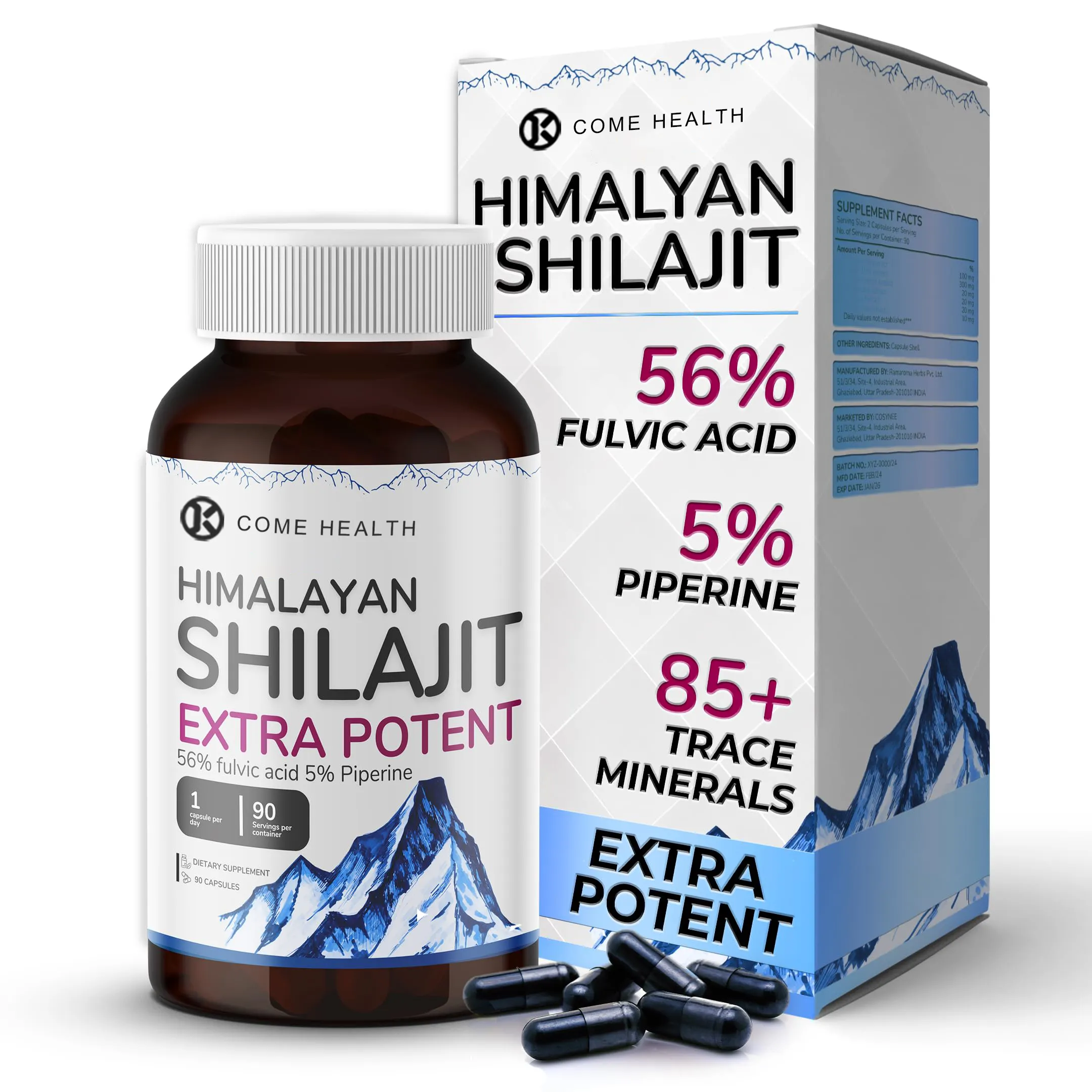 Mayorista OEM Popular Extracto de shilajit natural 56% Ácido fúlvico 5% Piperine Himalayan Shilajit Cápsulas