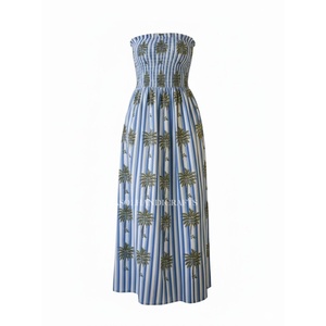 Handmade Cotton A-Line <b>Dress</b> <b>Strapless</b> with Elastic Waist Blockprint Design Boho <b>Summer</b> Style Breathable XL Fit for Leisure - Product Image 3