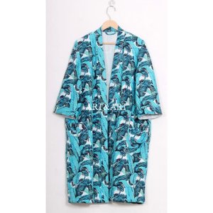 Indian Handmade Kantha Quilted Women's Full Length Kimono Robe Hand-Stitched Breathable 100% Cotton Summer Home Wear Floral - Product Image 1
