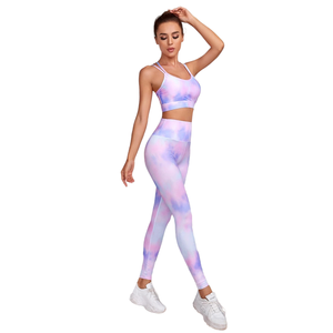 Soutien-gorge de sport tie dye pour femmes ensemble de leggings taille haute vêtements de sport d'entraînement élégants pour la gymnastique Yoga course Fitness taille élastique solide - Product Image 4