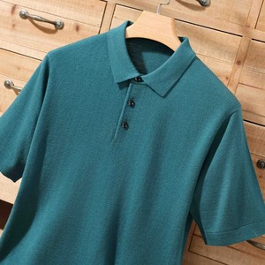 Verano 100%, jersey de solapa de lana merino para hombre, suéter de manga corta con cuello POLO, Camiseta holgada de punto informal de negocios - Product Image 6