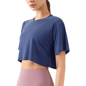 Camisetas cortas de alta calidad para mujer en color azul Diseño liso Cuello redondo con logotipo personalizado Servicio OEM ODM personalizado - Product Image 1