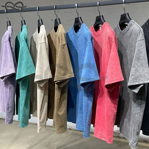 Vêtements Vintage pour hommes surdimensionnés personnalisés poids lourd col épais lavage à l'acide 300 GSM T-Shirt rétro Streetwear unisexe en détresse - Product Image 4