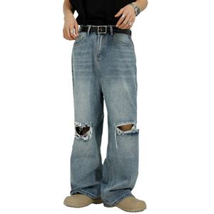 Jean en denim déchiré à taille mi-haute pour homme, coupe crayon, respirant, avec trous aux genoux, logo personnalisé, OEM, style urbain, bio - Product Image 4