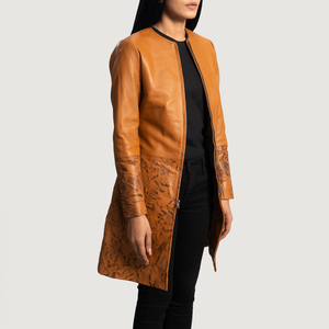 Diseño de moda tostado Otoño Invierno Gabardina de cuero Chaquetas de cuero largas reales para mujer - Product Image 4
