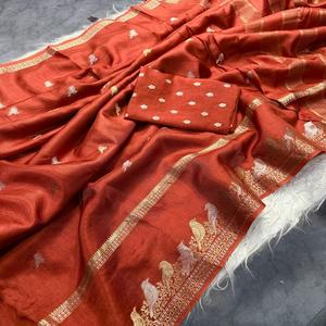 Sari de Modal y Viscosa para Mujer con Diseño Jacquard y Zari, con Diseño Perforado y Sari de Mango de Viscosa Pura para Mujer - Product Image 1