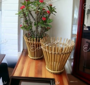 Handcrafted Bohemian Style Vintage <b>Bamboo</b> Weaving Abstract Pattern Concrete Flowerpot Set of 2 for Garden Outdoor Decor - Product Image 2