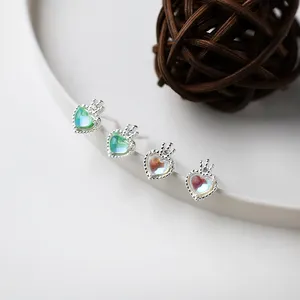 S925 Silver Moonstone Crown Colorful Heart Earrings Women's Jewelry