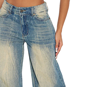 Pantalon en denim délavé foncé à taille moyenne pour femmes de haute qualité, tenue décontracté, jean ample baggy teinté pour l'hiver plat - Product Image 5
