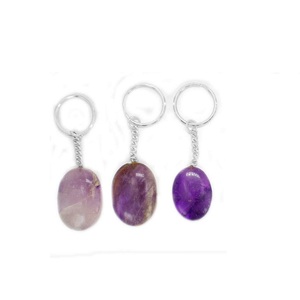 Porte-clés ovale en pierre naturelle améthyste, pierre précieuse dorée, vente en gros - Product Image 3